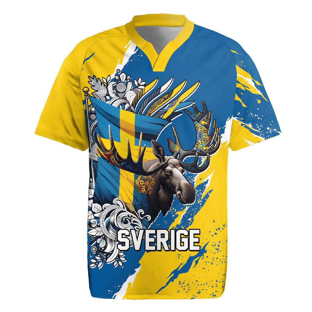 Sweden Flag Day Rugby Jersey Majestic Elk Floral Nordic Heritage