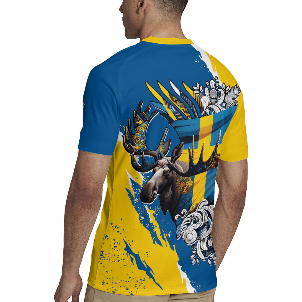 Sweden Flag Day Rugby Jersey Majestic Elk Floral Nordic Heritage