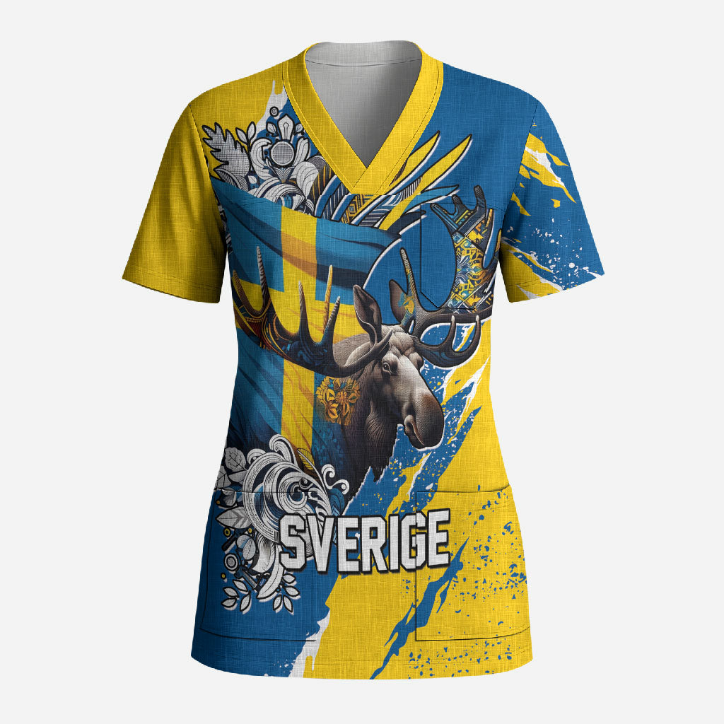 Sweden Flag Day Scrub Top Majestic Elk Floral Nordic Heritage