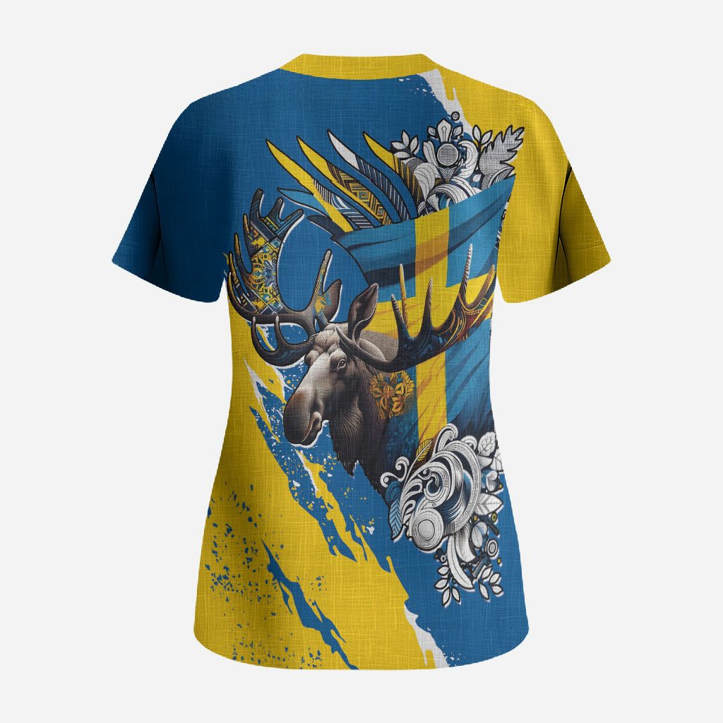 Sweden Flag Day Scrub Top Majestic Elk Floral Nordic Heritage