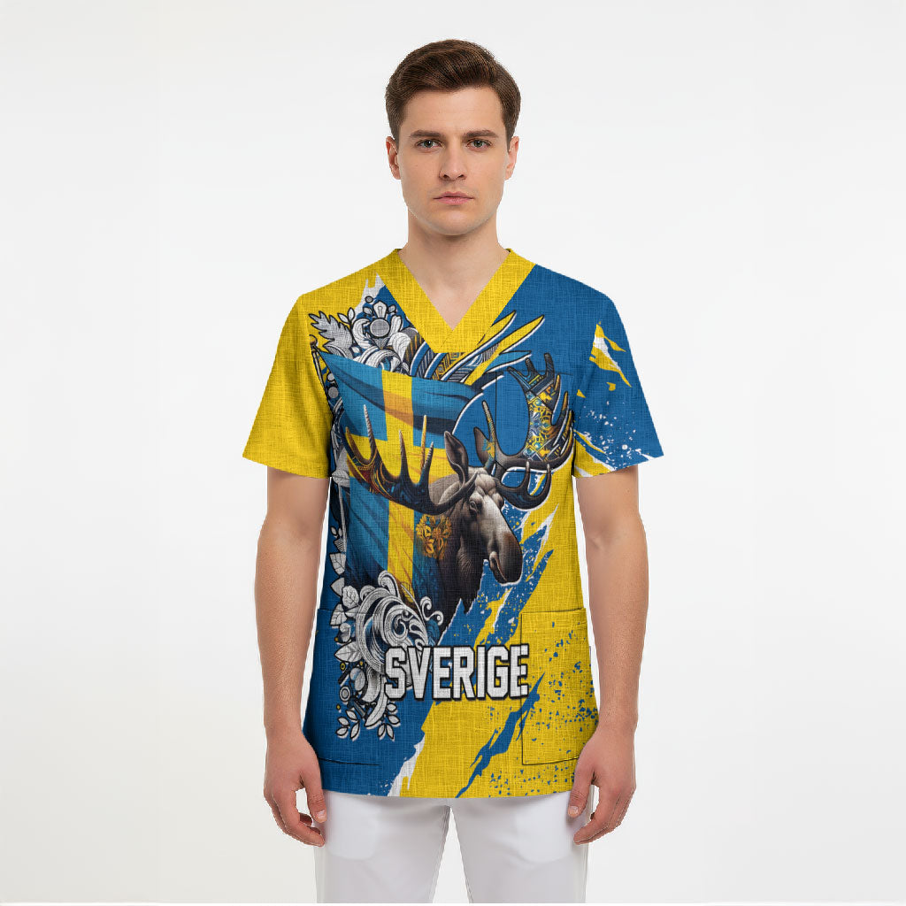 Sweden Flag Day Scrub Top Majestic Elk Floral Nordic Heritage