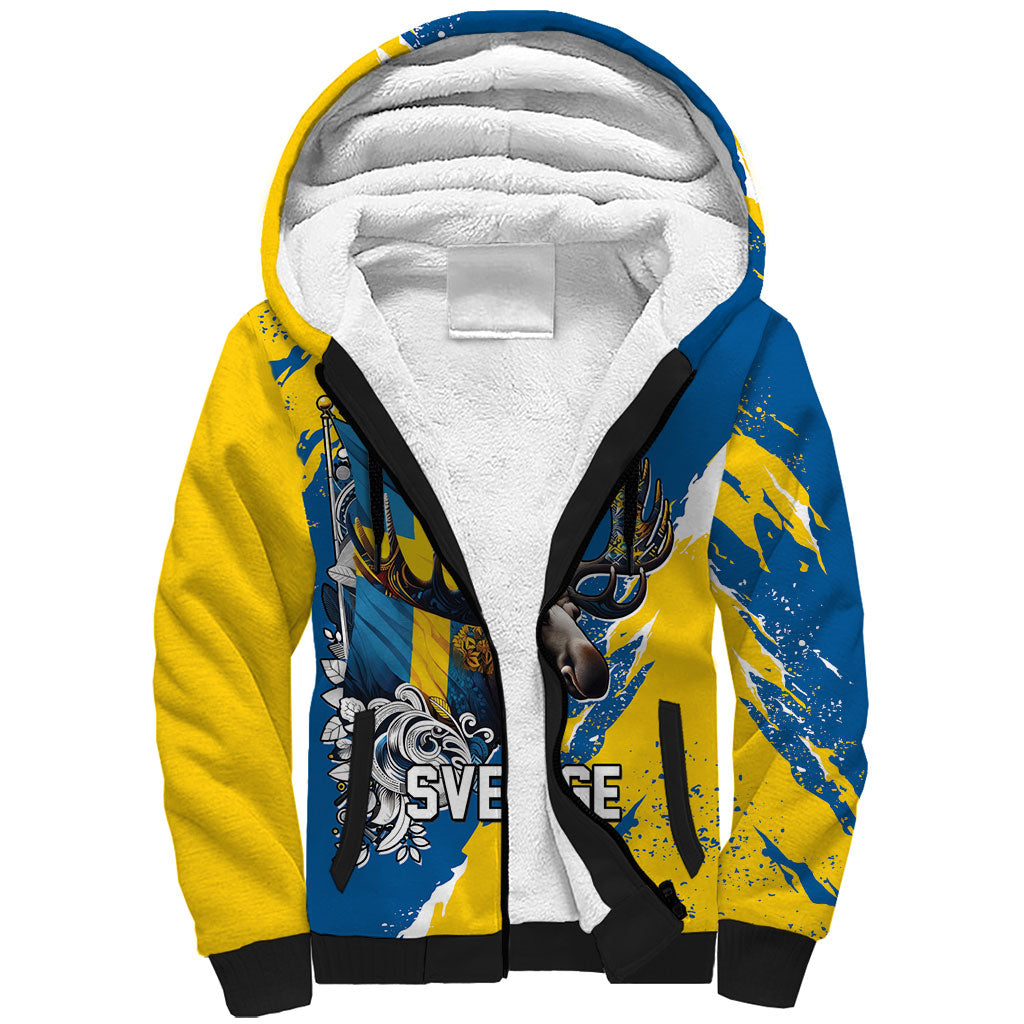 Sweden Flag Day Sherpa Hoodie Majestic Elk Floral Nordic Heritage