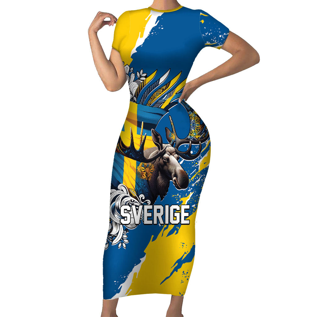Sweden Flag Day Short Sleeve Bodycon Dress Majestic Elk Floral Nordic Heritage