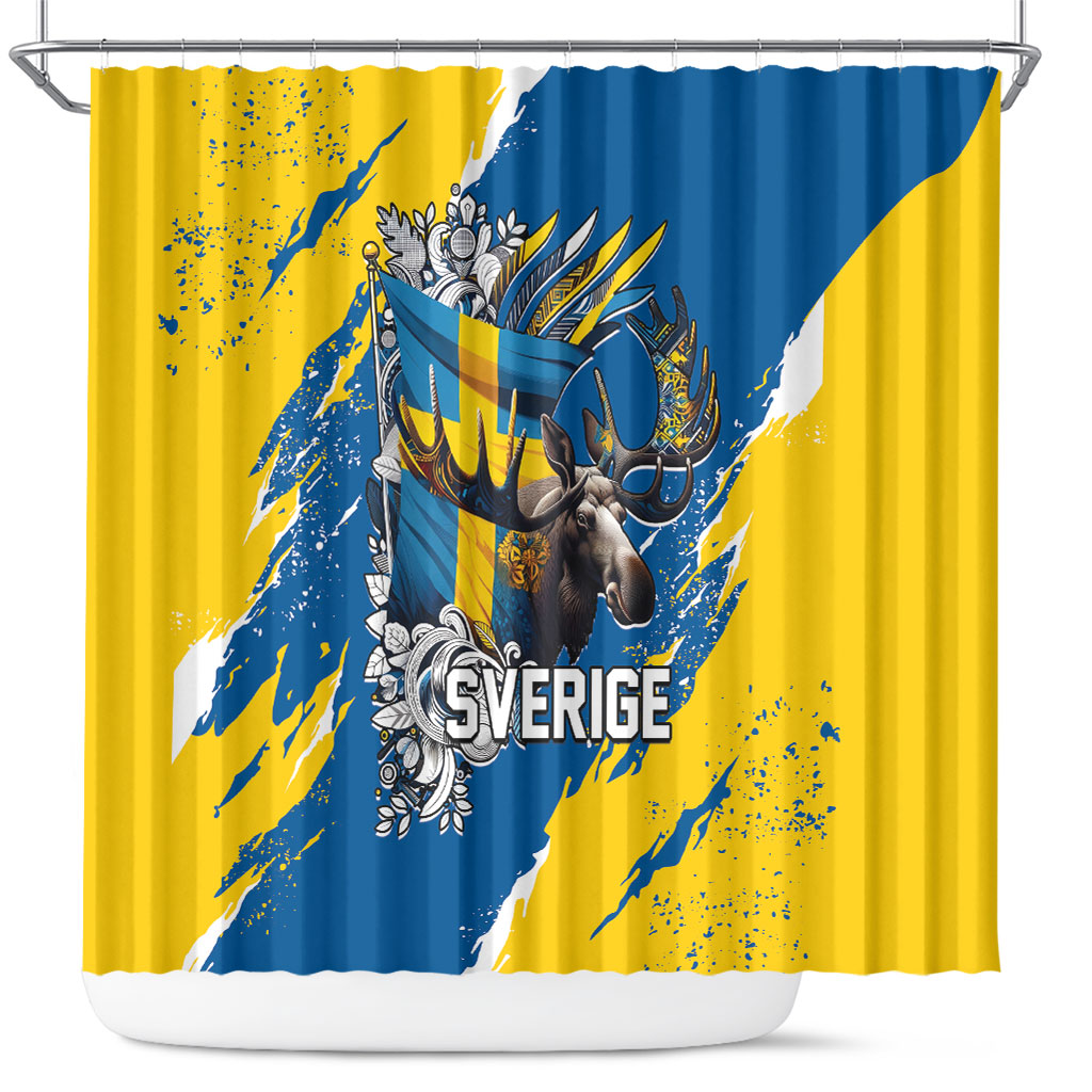 Sweden Flag Day Shower Curtain Majestic Elk Floral Nordic Heritage