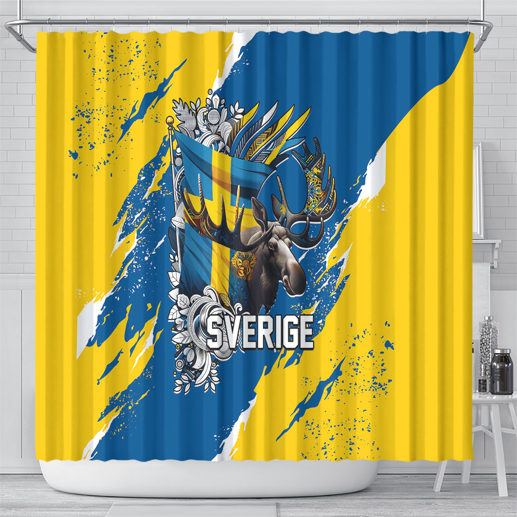Sweden Flag Day Shower Curtain Majestic Elk Floral Nordic Heritage