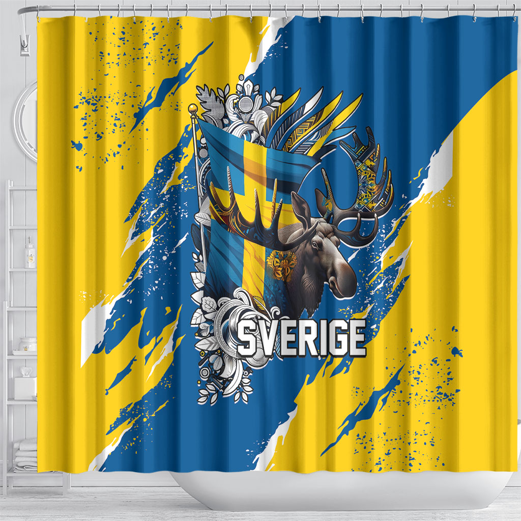 Sweden Flag Day Shower Curtain Majestic Elk Floral Nordic Heritage