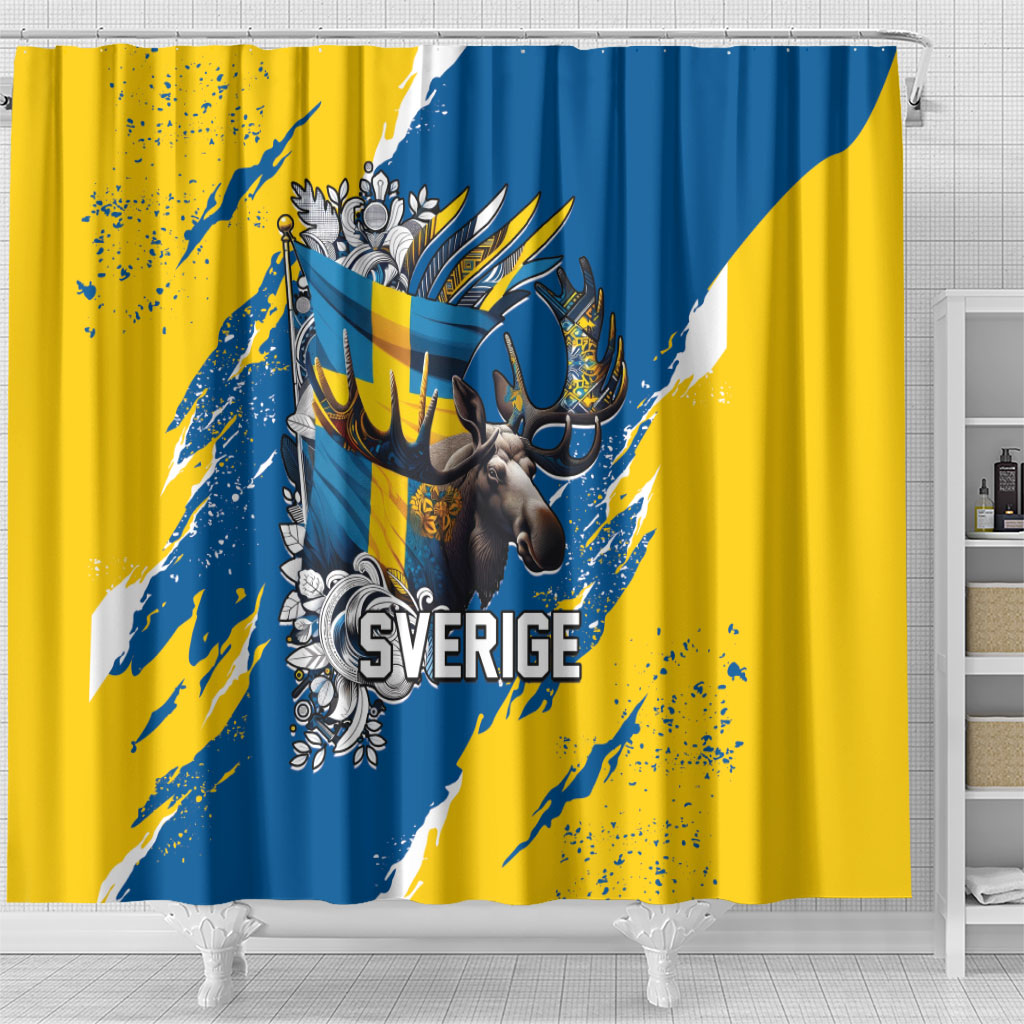 Sweden Flag Day Shower Curtain Majestic Elk Floral Nordic Heritage