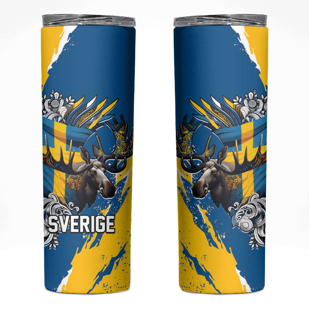 Sweden Flag Day Skinny Tumbler Majestic Elk Floral Nordic Heritage