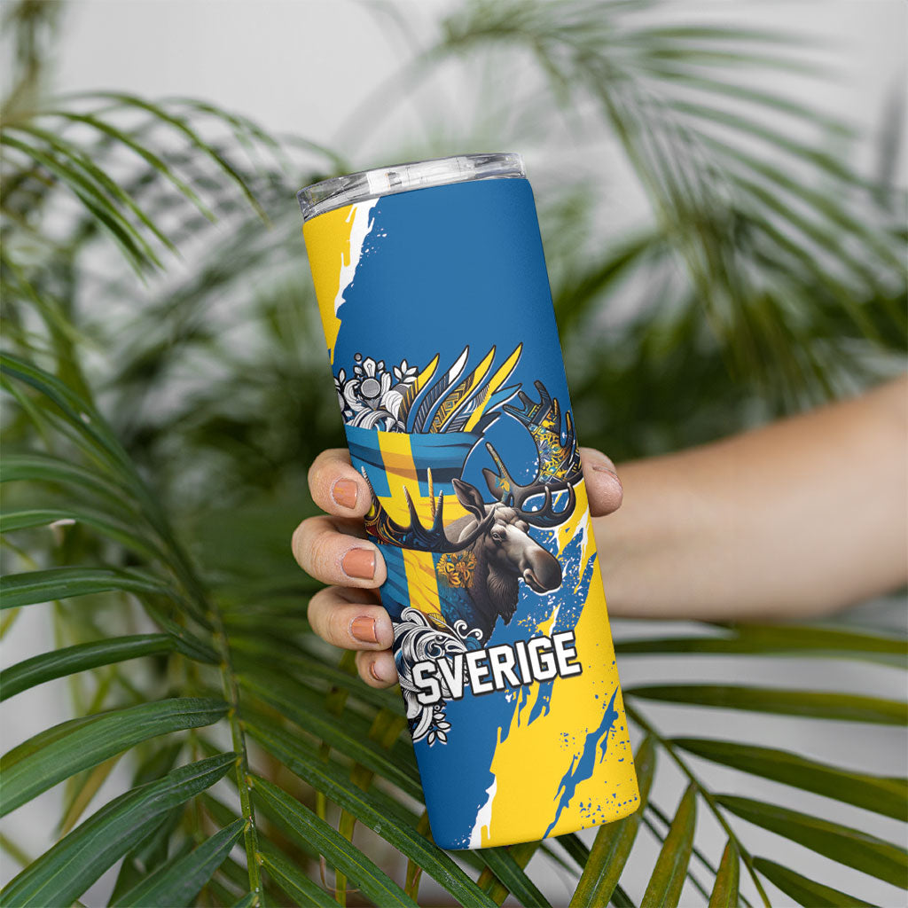 Sweden Flag Day Skinny Tumbler Majestic Elk Floral Nordic Heritage