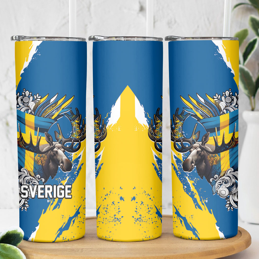 Sweden Flag Day Skinny Tumbler Majestic Elk Floral Nordic Heritage