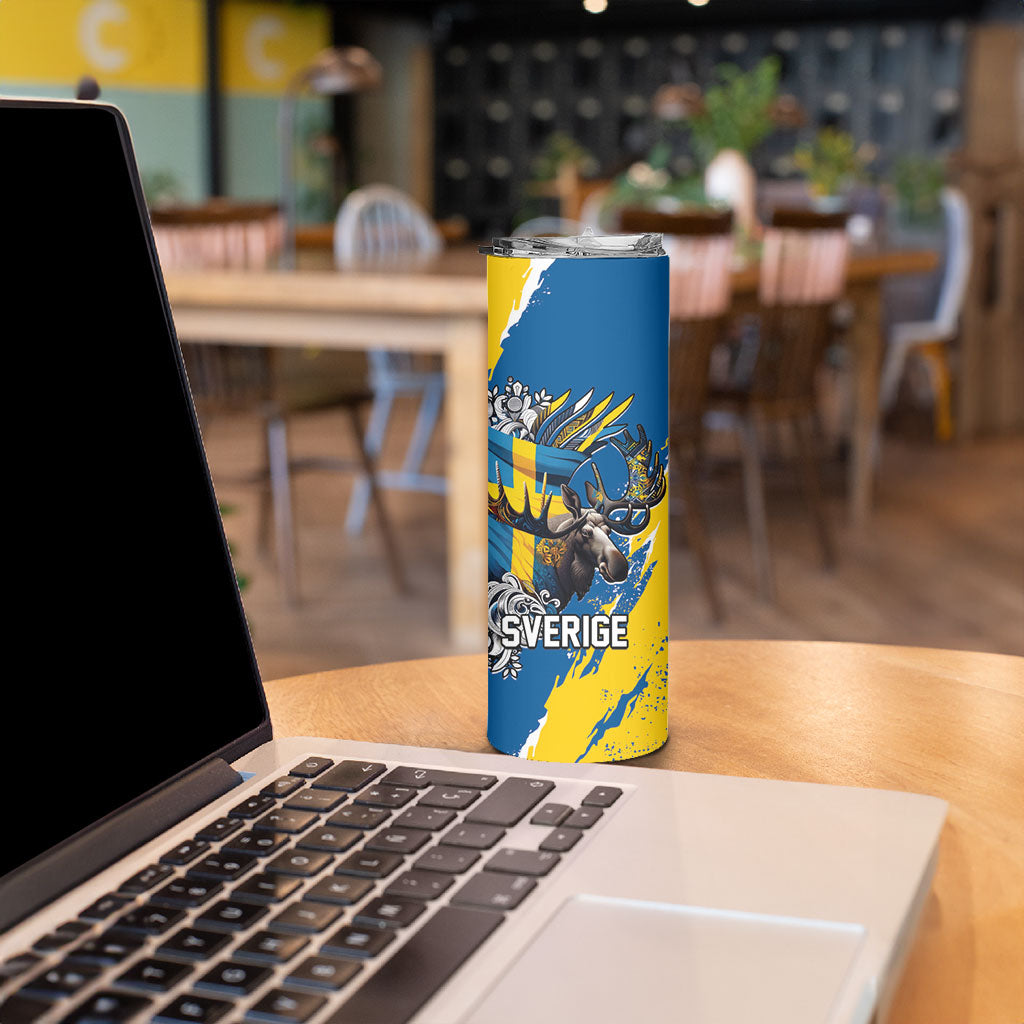 Sweden Flag Day Skinny Tumbler Majestic Elk Floral Nordic Heritage