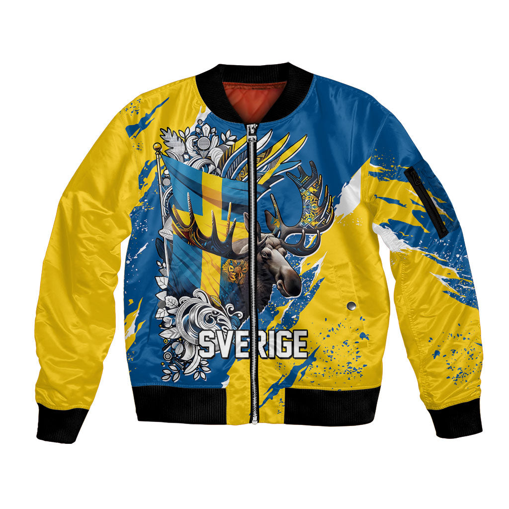 Sweden Flag Day Sleeve Zip Bomber Jacket Majestic Elk Floral Nordic Heritage