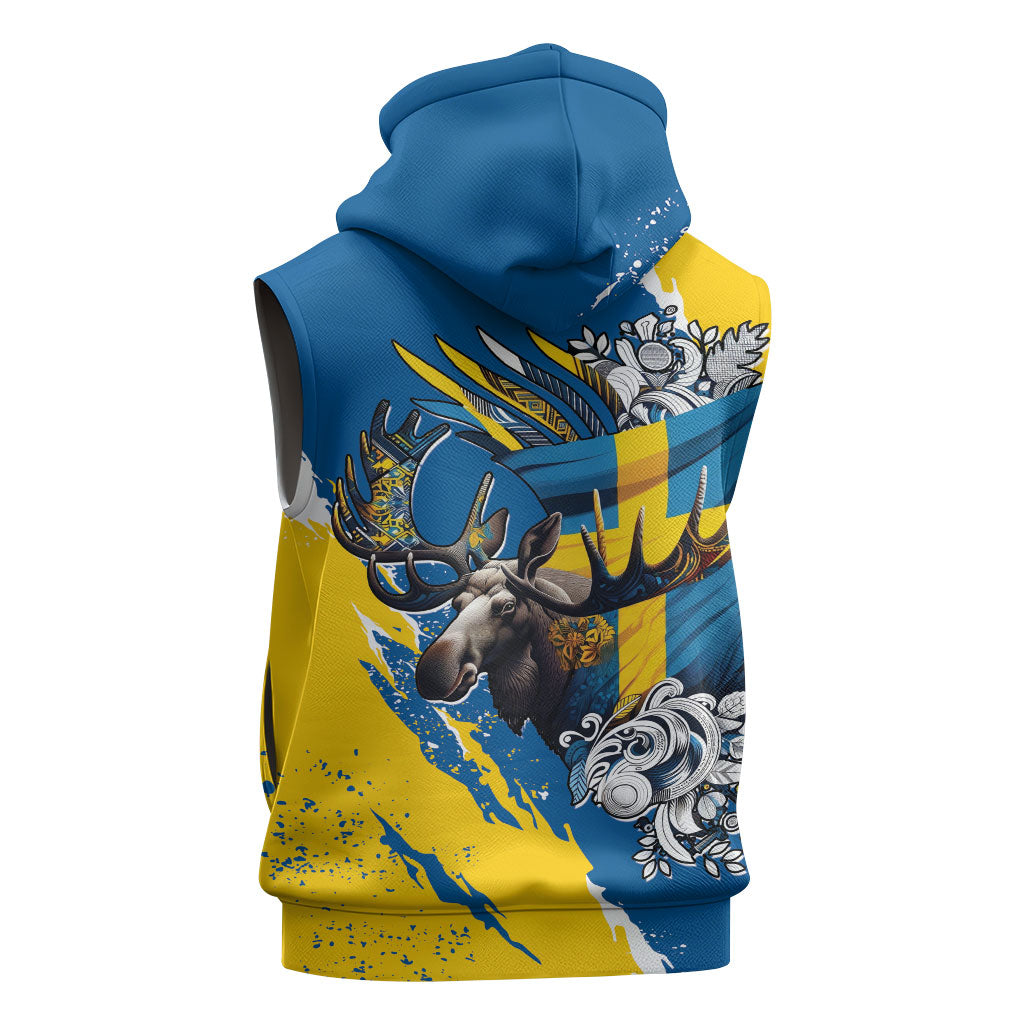 Sweden Flag Day Sleeveless Hoodie Majestic Elk Floral Nordic Heritage