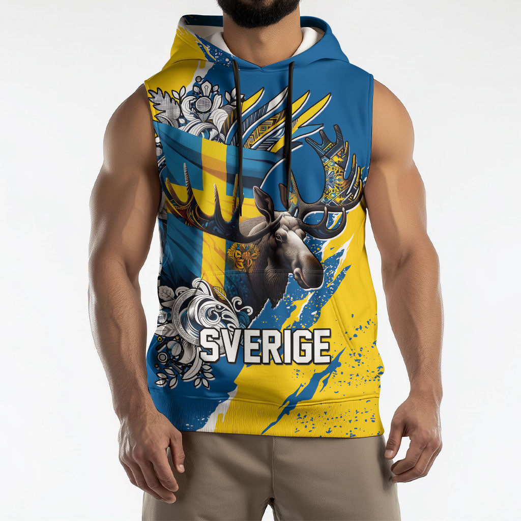 Sweden Flag Day Sleeveless Hoodie Majestic Elk Floral Nordic Heritage