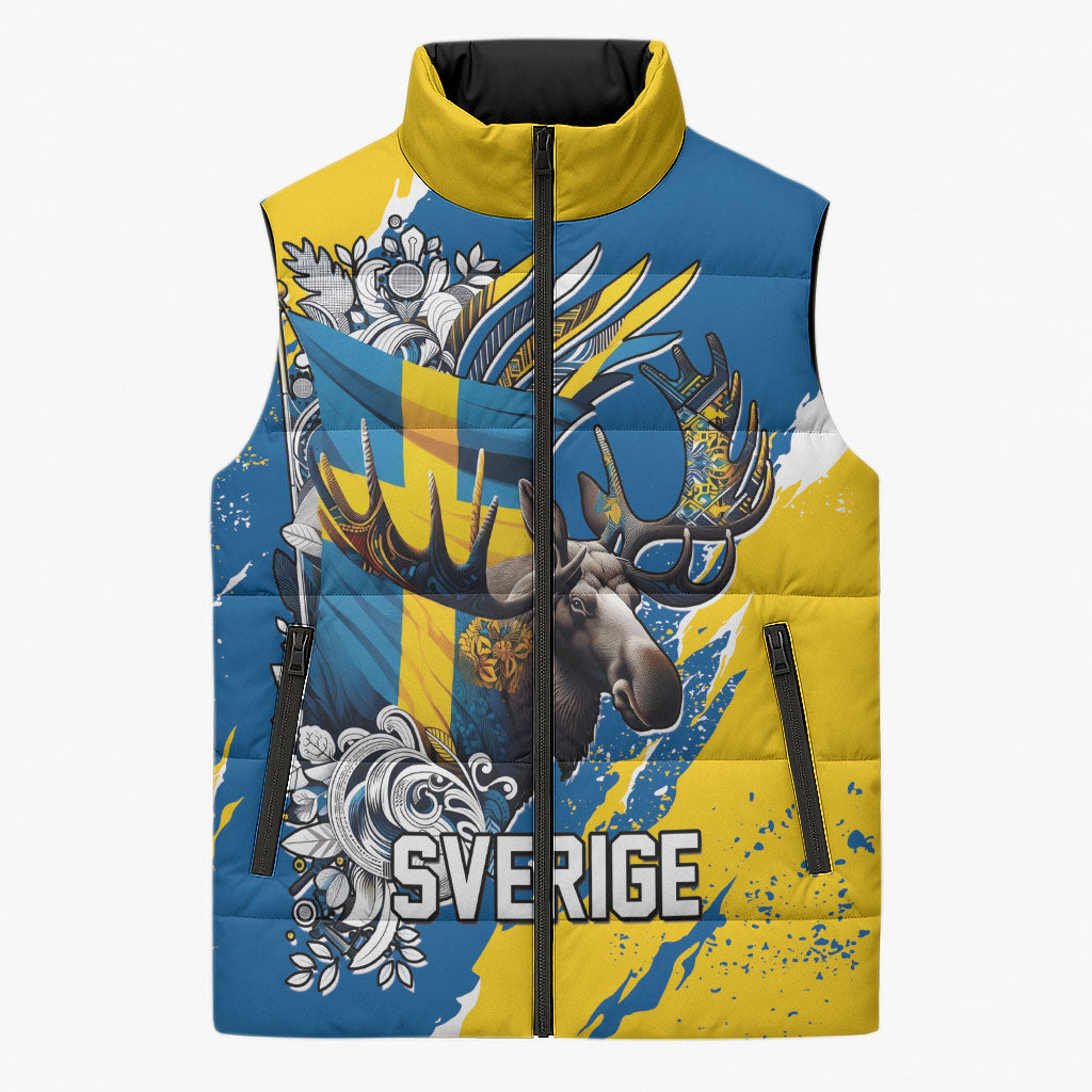 Sweden Flag Day Sleeveless Puffer Jacket Majestic Elk Floral Nordic Heritage