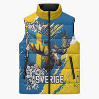 Sweden Flag Day Sleeveless Puffer Jacket Majestic Elk Floral Nordic Heritage