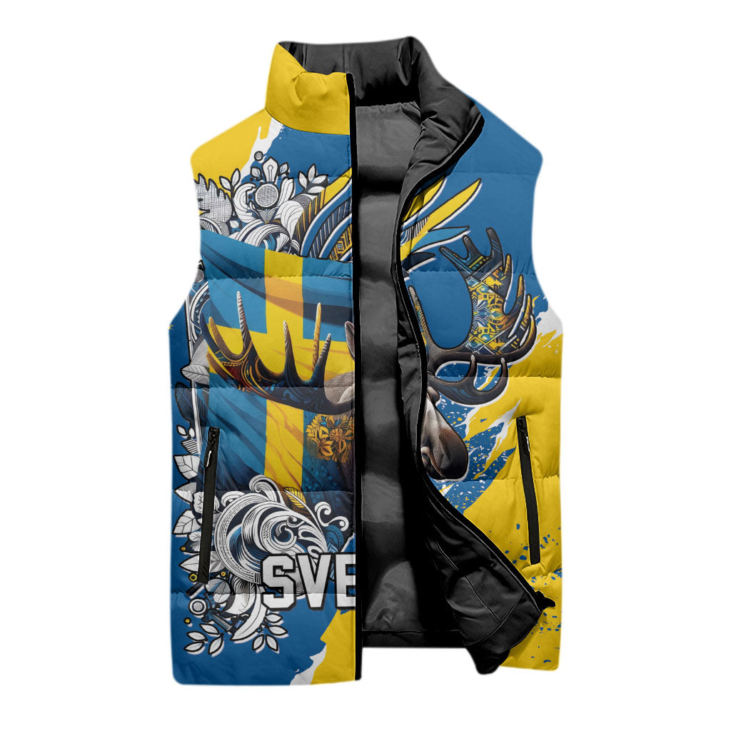 Sweden Flag Day Sleeveless Puffer Jacket Majestic Elk Floral Nordic Heritage