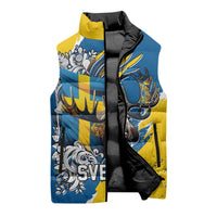 Sweden Flag Day Sleeveless Puffer Jacket Majestic Elk Floral Nordic Heritage