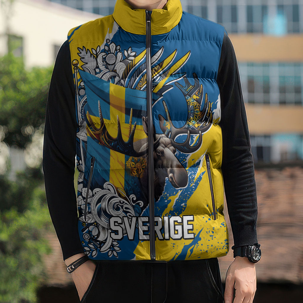 Sweden Flag Day Sleeveless Puffer Jacket Majestic Elk Floral Nordic Heritage