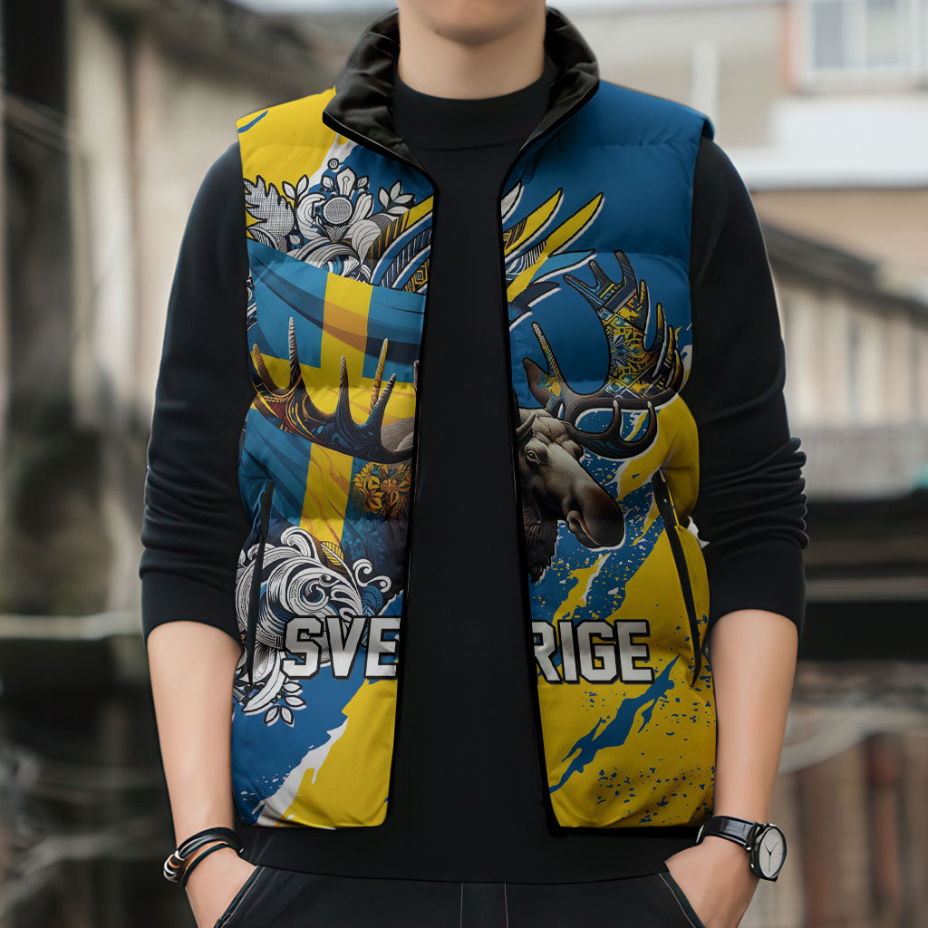 Sweden Flag Day Sleeveless Puffer Jacket Majestic Elk Floral Nordic Heritage