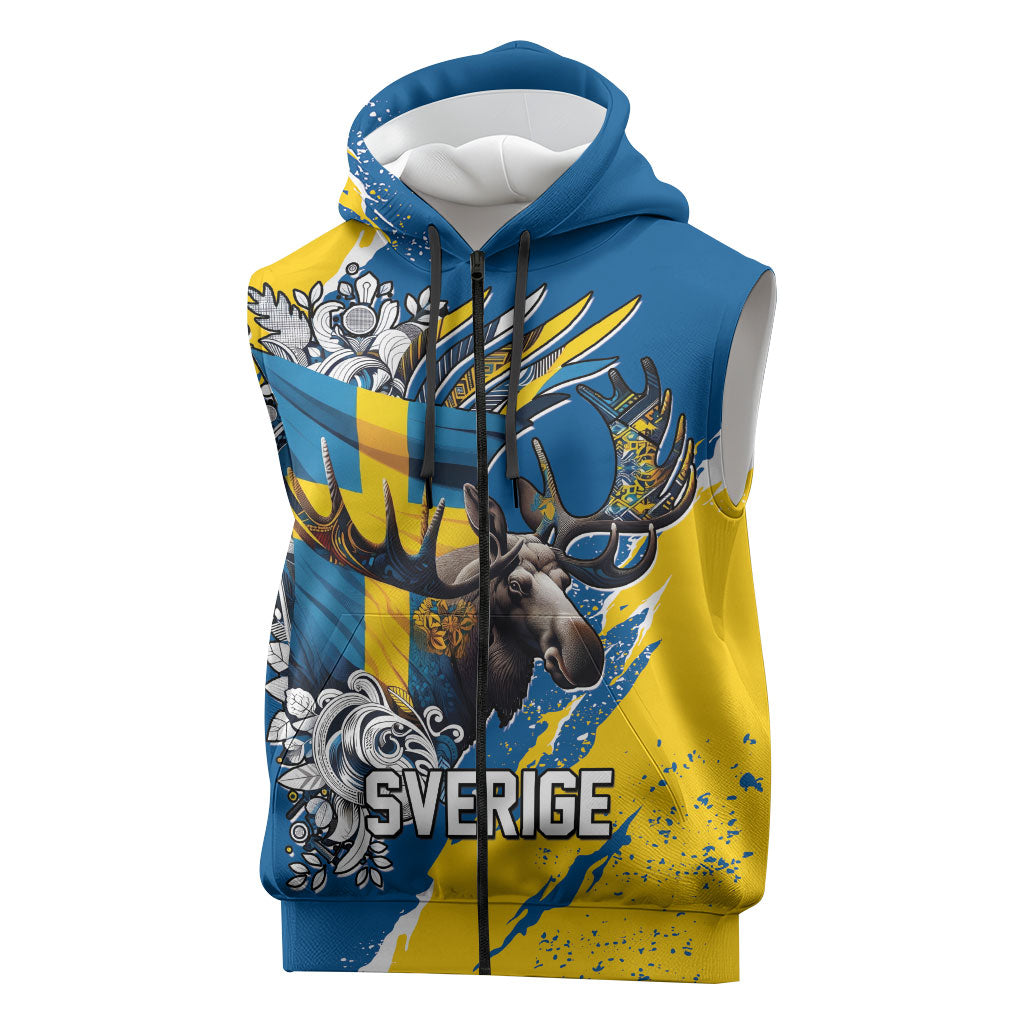 Sweden Flag Day Sleeveless Zip Hoodie Majestic Elk Floral Nordic Heritage