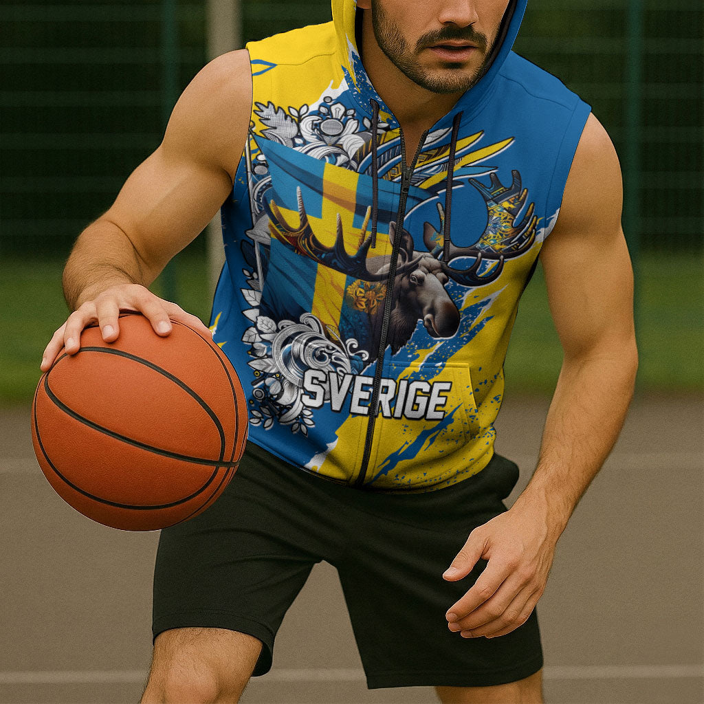 Sweden Flag Day Sleeveless Zip Hoodie Majestic Elk Floral Nordic Heritage