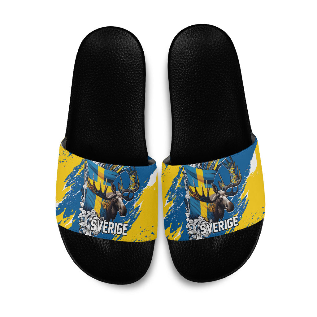 Sweden Flag Day Slide Sandals Majestic Elk Floral Nordic Heritage