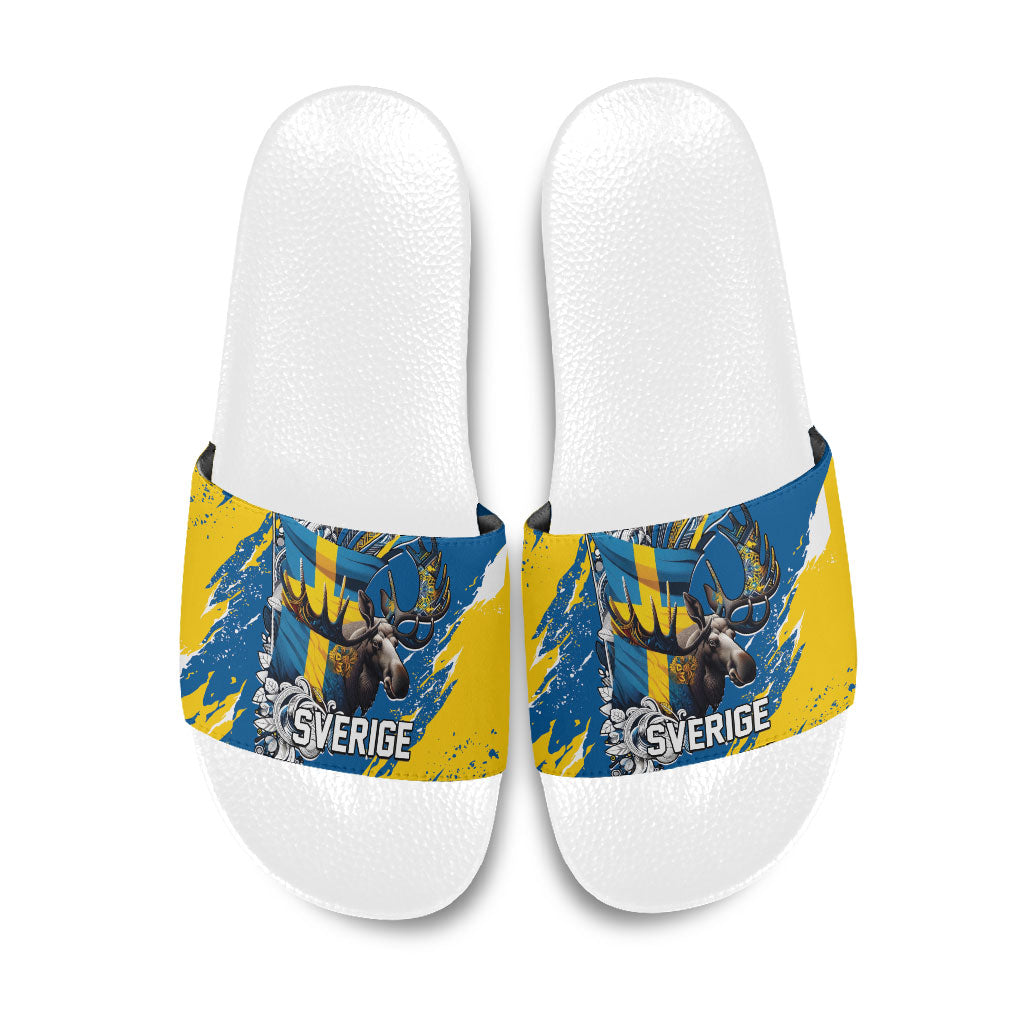 Sweden Flag Day Slide Sandals Majestic Elk Floral Nordic Heritage