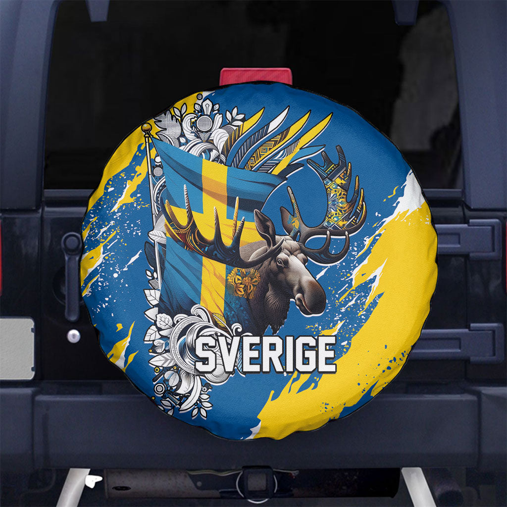Sweden Flag Day Spare Tire Cover Majestic Elk Floral Nordic Heritage