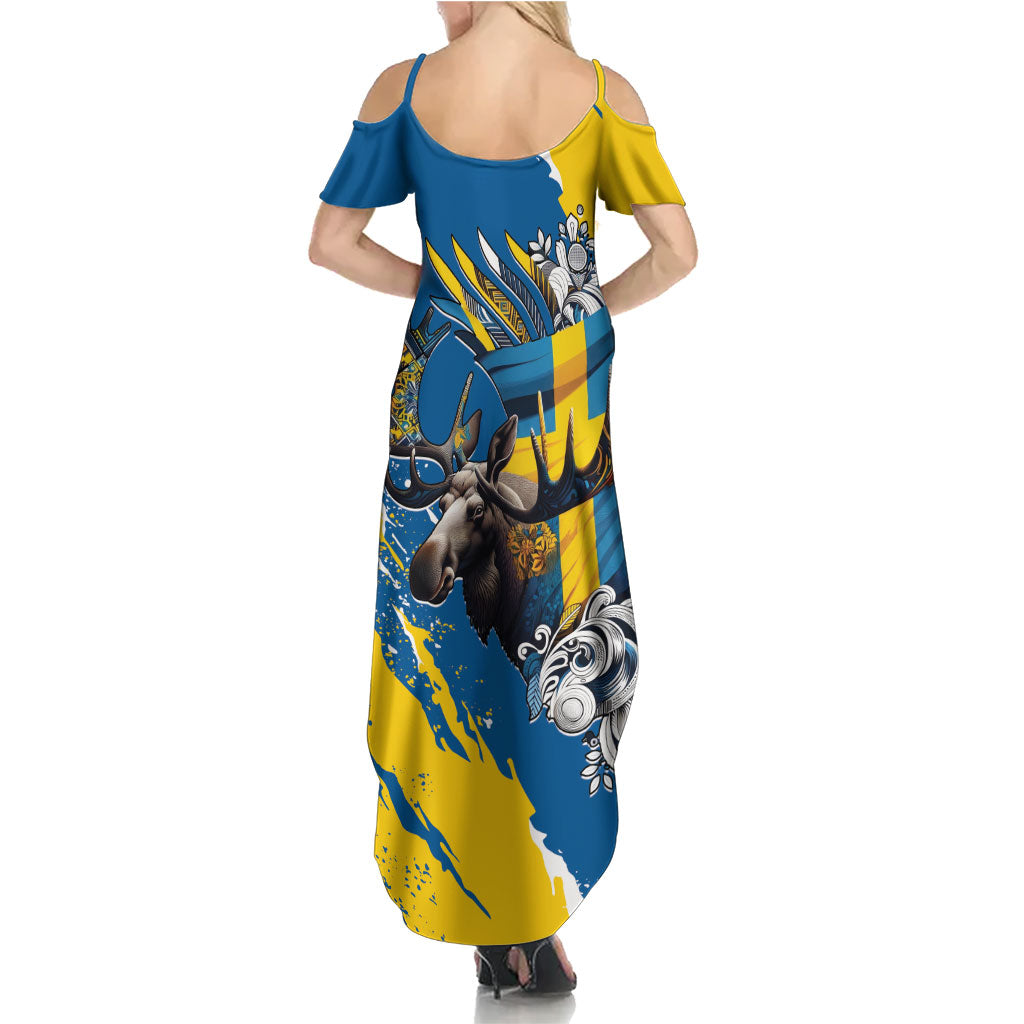 Sweden Flag Day Summer Maxi Dress Majestic Elk Floral Nordic Heritage