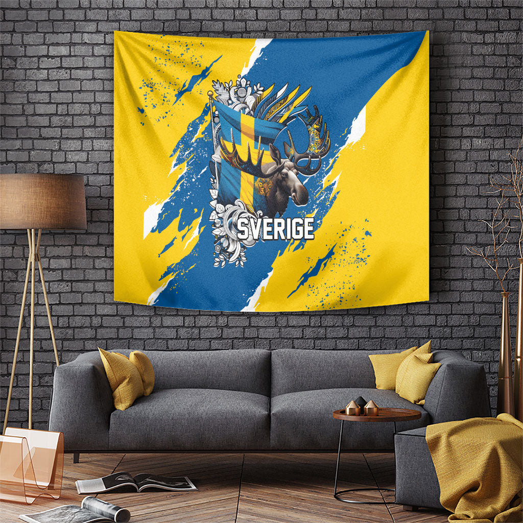 Sweden Flag Day Tapestry Majestic Elk Floral Nordic Heritage