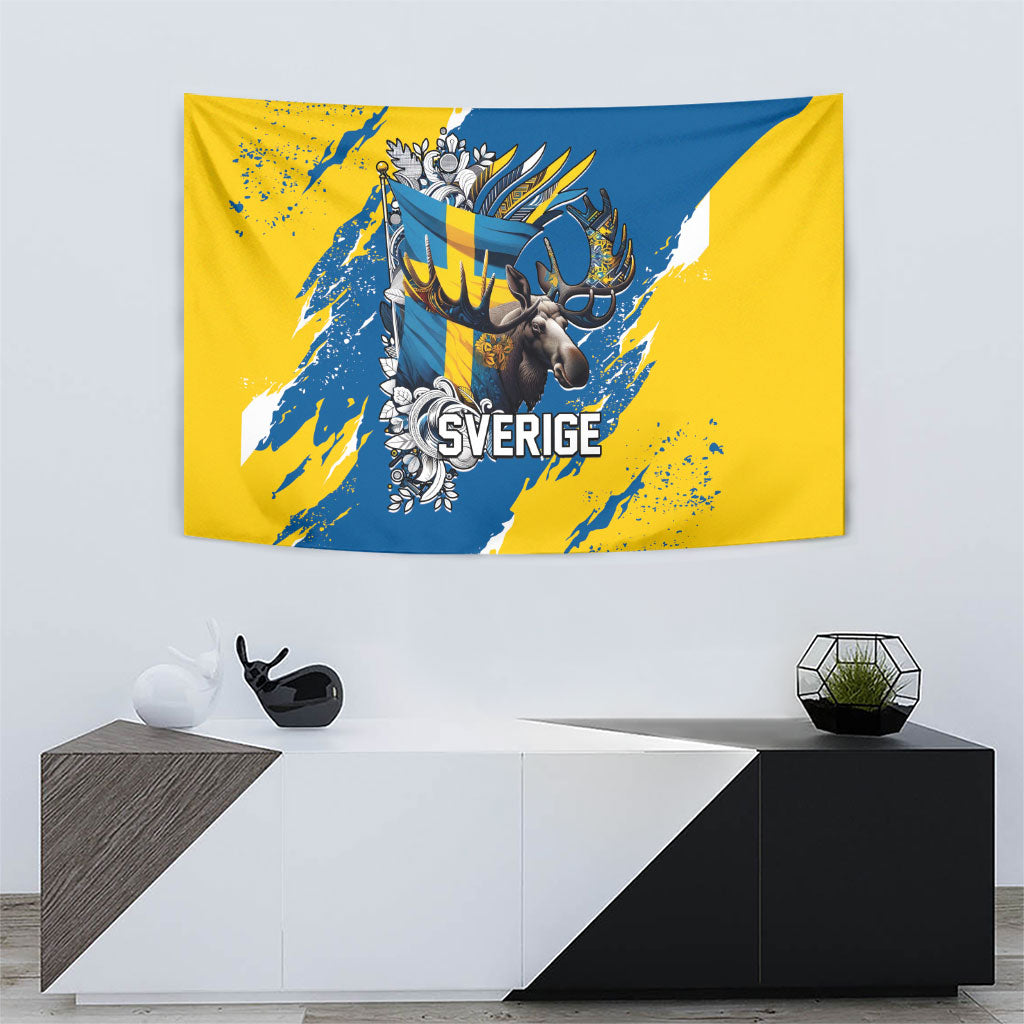 Sweden Flag Day Tapestry Majestic Elk Floral Nordic Heritage