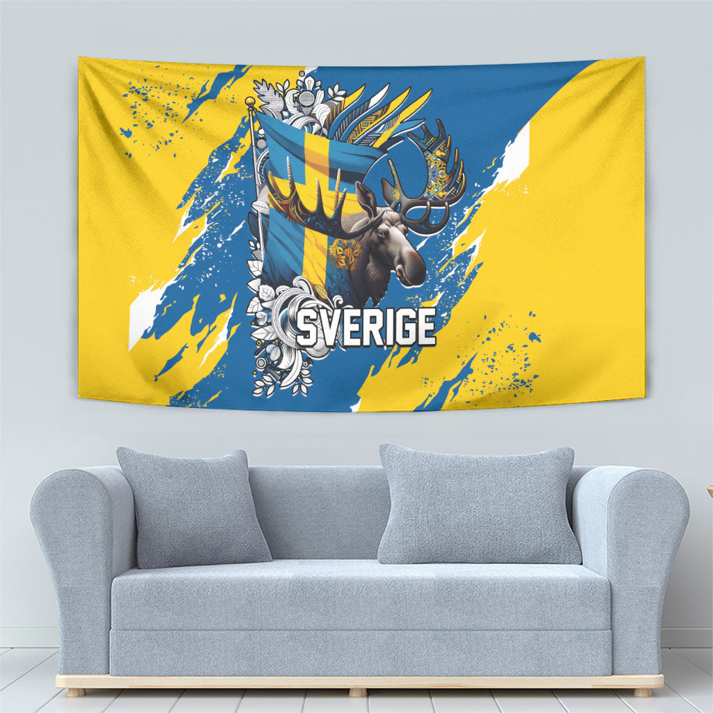 Sweden Flag Day Tapestry Majestic Elk Floral Nordic Heritage