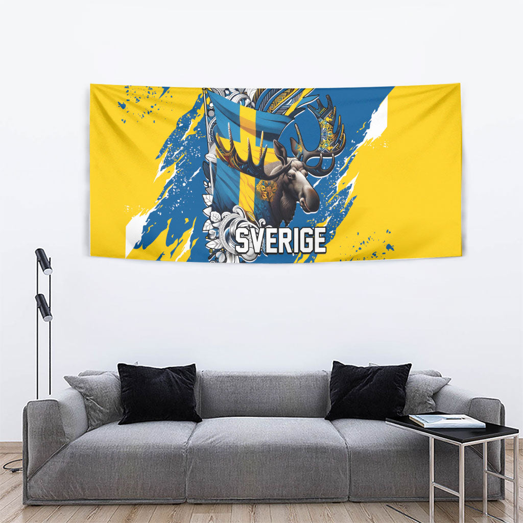 Sweden Flag Day Tapestry Majestic Elk Floral Nordic Heritage