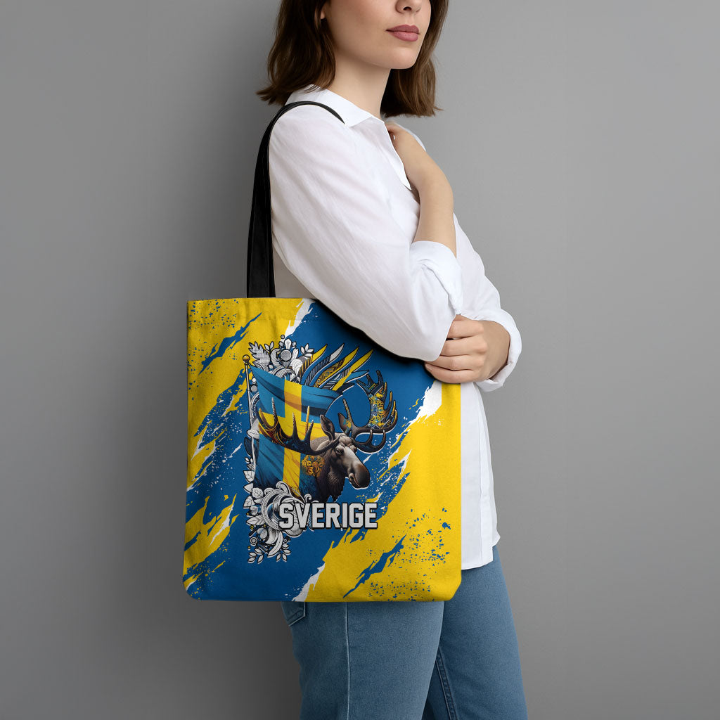 Sweden Flag Day Tote Bag Majestic Elk Floral Nordic Heritage