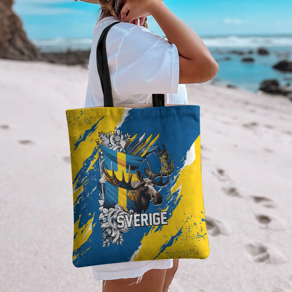 Sweden Flag Day Tote Bag Majestic Elk Floral Nordic Heritage