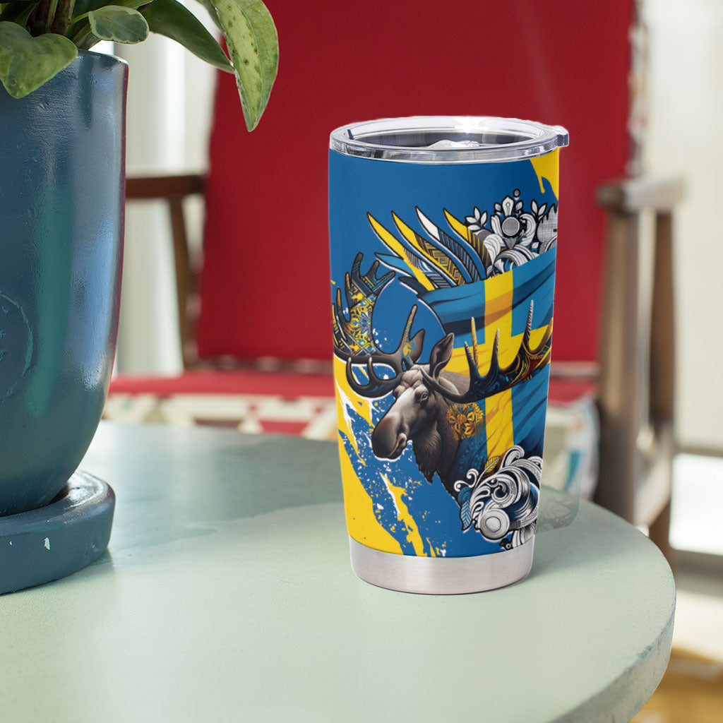 Sweden Flag Day Tumbler Cup Majestic Elk Floral Nordic Heritage