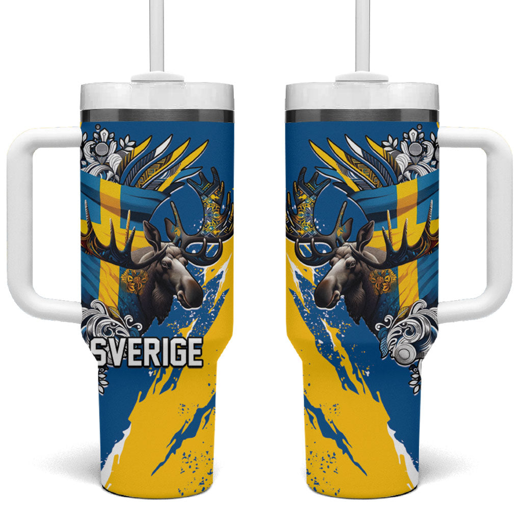 Sweden Flag Day Tumbler With Handle Majestic Elk Floral Nordic Heritage