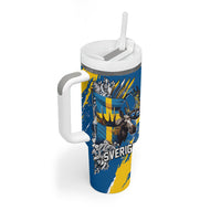 Sweden Flag Day Tumbler With Handle Majestic Elk Floral Nordic Heritage