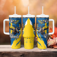 Sweden Flag Day Tumbler With Handle Majestic Elk Floral Nordic Heritage