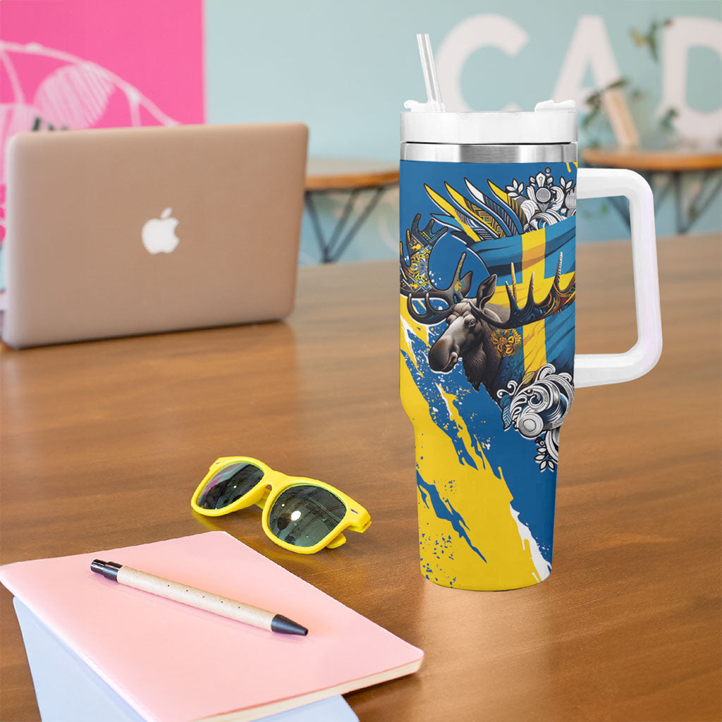 Sweden Flag Day Tumbler With Handle Majestic Elk Floral Nordic Heritage