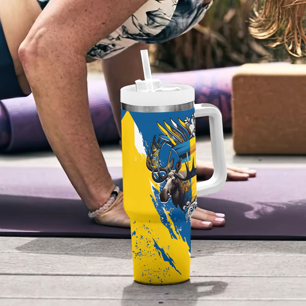 Sweden Flag Day Tumbler With Handle Majestic Elk Floral Nordic Heritage