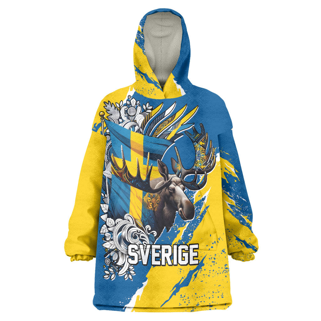 Sweden Flag Day Wearable Blanket Hoodie Majestic Elk Floral Nordic Heritage