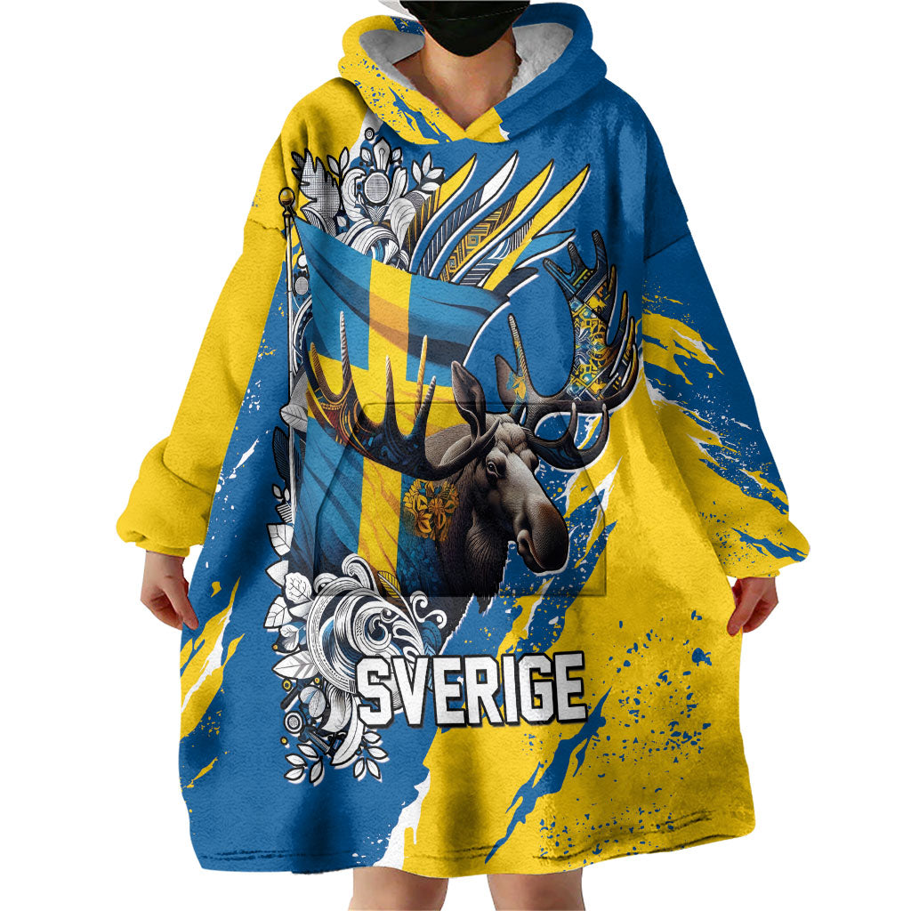 Sweden Flag Day Wearable Blanket Hoodie Majestic Elk Floral Nordic Heritage