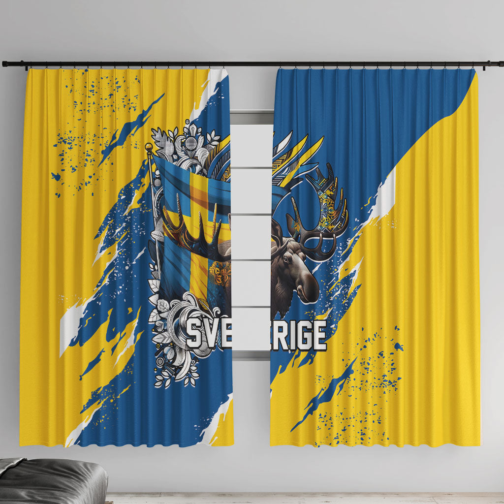 Sweden Flag Day Window Curtain Majestic Elk Floral Nordic Heritage