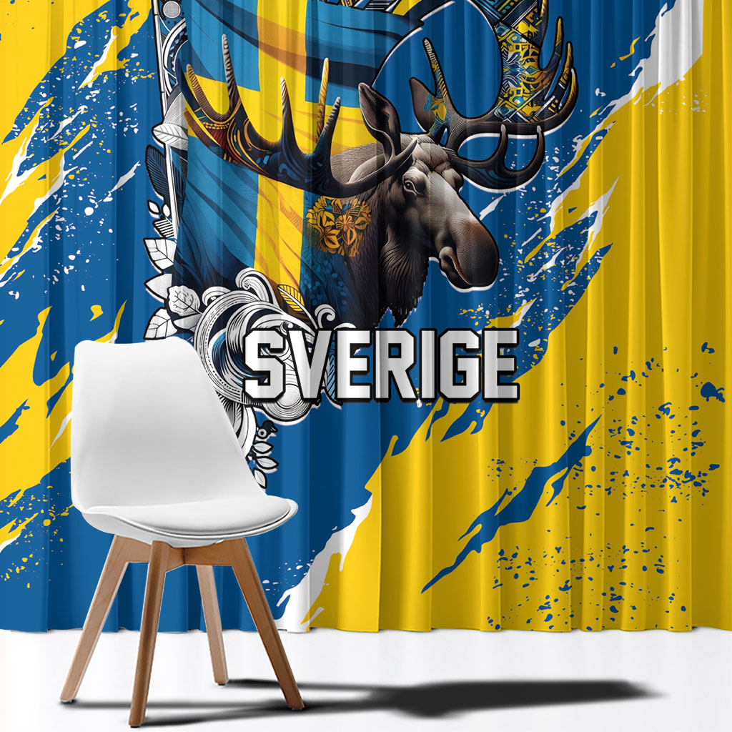 Sweden Flag Day Window Curtain Majestic Elk Floral Nordic Heritage