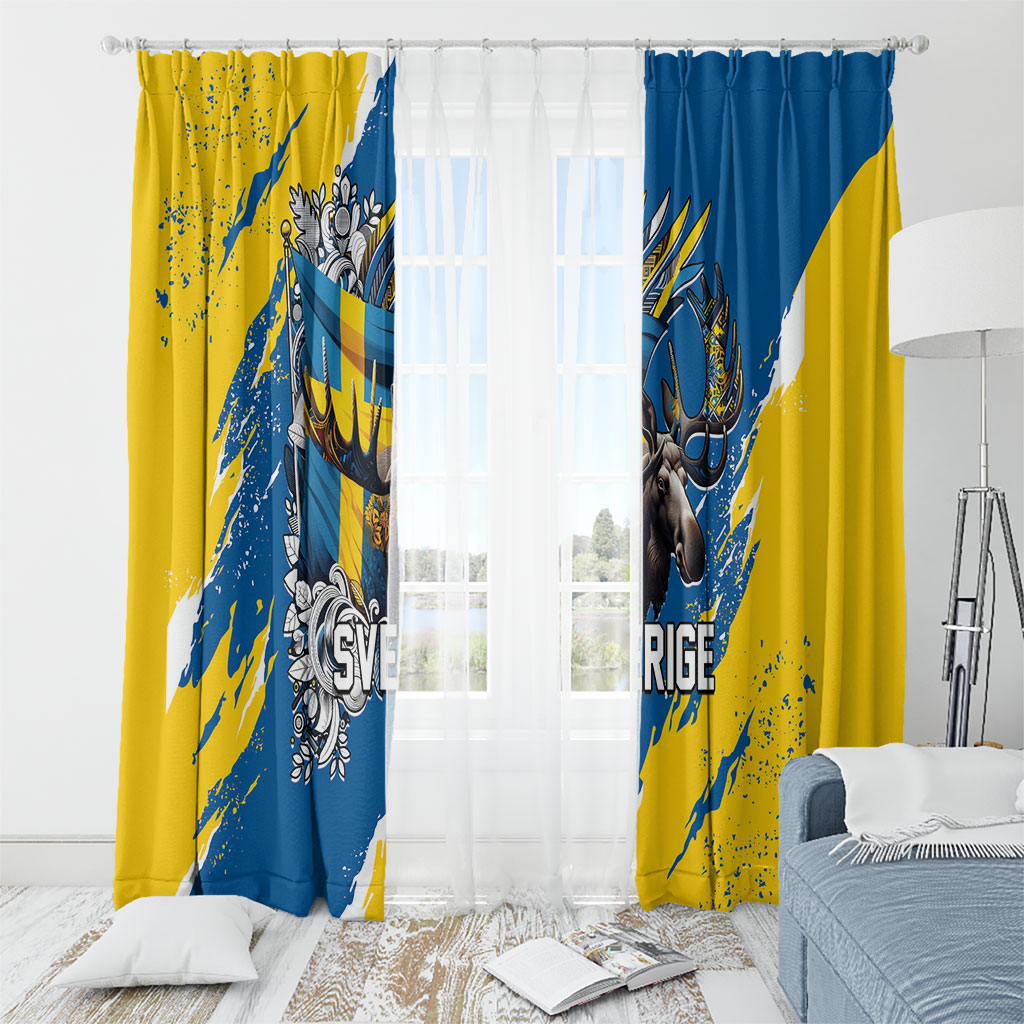 Sweden Flag Day Window Curtain Majestic Elk Floral Nordic Heritage