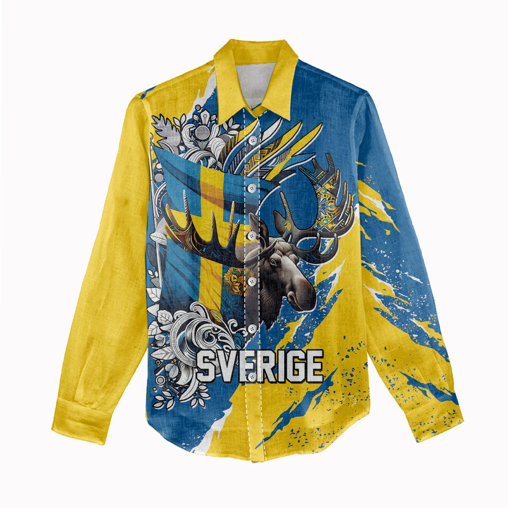 Sweden Flag Day Women Casual Shirt Majestic Elk Floral Nordic Heritage