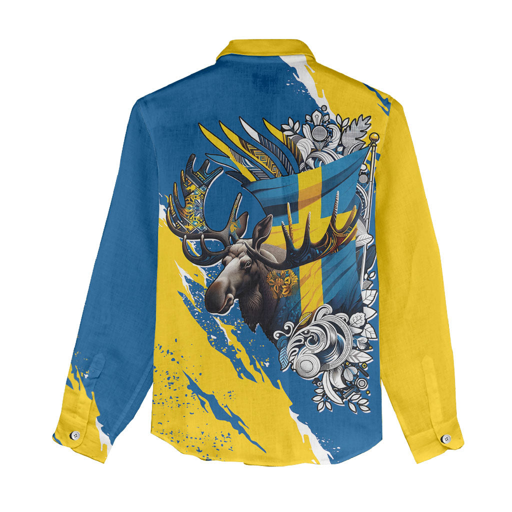 Sweden Flag Day Women Casual Shirt Majestic Elk Floral Nordic Heritage
