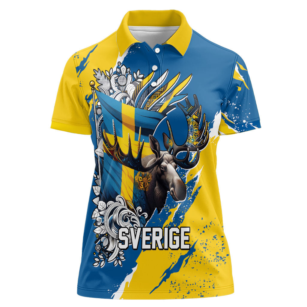 Sweden Flag Day Women Polo Shirt Majestic Elk Floral Nordic Heritage